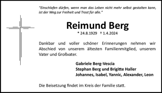 Traueranzeige von Reimund Berg von Allgemeine Zeitung Mainz