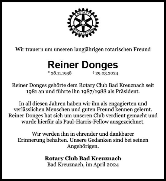 Traueranzeige von Reiner Donges von Allgemeine Zeitung Bad Kreuznach