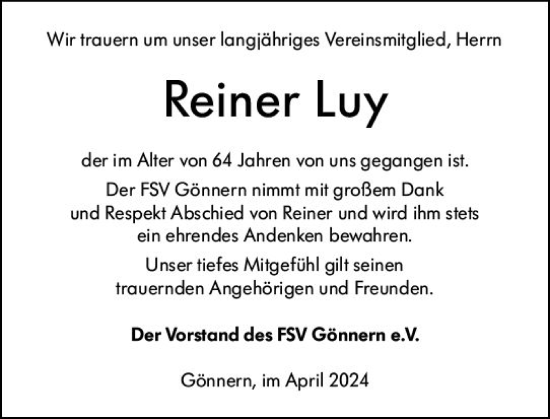 Traueranzeige von Reiner Luy von Hinterländer Anzeiger