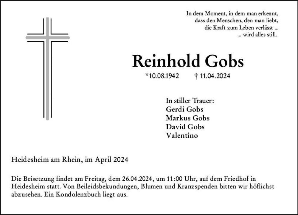  Traueranzeige für Reinhold Gobs vom 20.04.2024 aus Allgemeine Zeitung Mainz