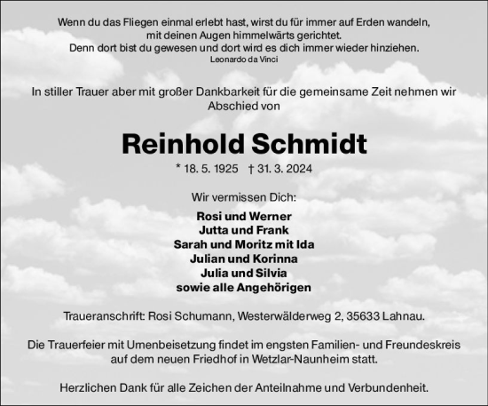 Traueranzeige von Reinhold Schmidt von Wetzlarer Neue Zeitung