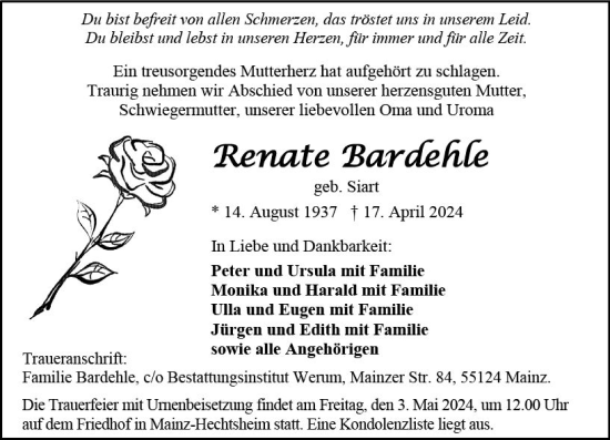 Traueranzeige von Renate Bardehle von Allgemeine Zeitung Mainz