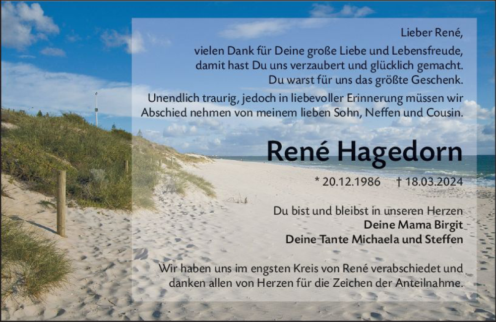 Traueranzeige für René Hagedorn vom 13.04.2024 aus Wetzlarer Neue Zeitung