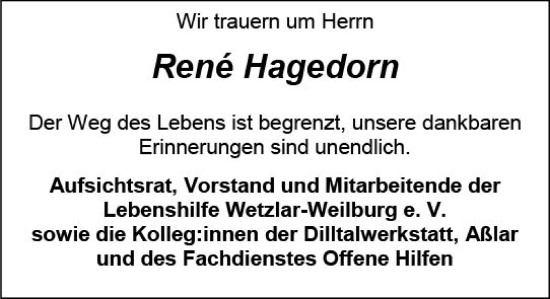 Traueranzeige von René Hagedorn von Weilburger Tageblatt