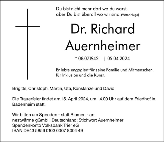 Traueranzeige von Richard Auernheimer von Allgemeine Zeitung Bad Kreuznach