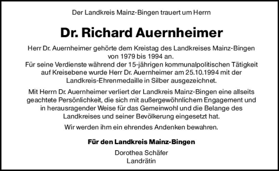 Traueranzeige von Richard Auernheimer von Allgemeine Zeitung Bingen/Ingelheim
