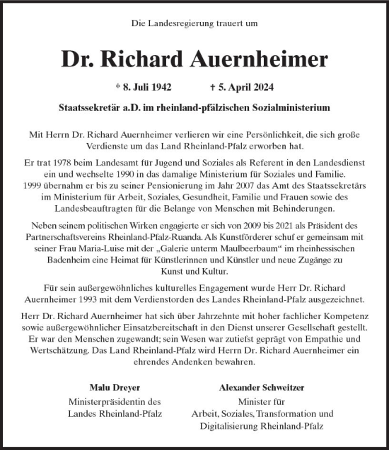 Traueranzeige von Richard Auernheimer von Allgemeine Zeitung Mainz