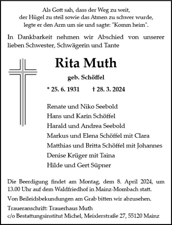 Traueranzeige von Rita Muth von Allgemeine Zeitung Mainz