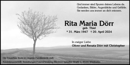 Traueranzeige von Rita Maria Dörr von Wiesbadener Kurier