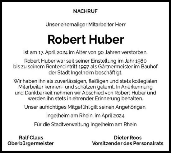 Traueranzeige von Robert Huber von Allgemeine Zeitung Bingen/Ingelheim