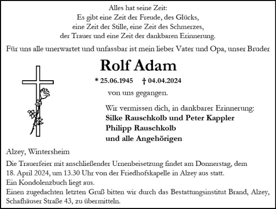 Traueranzeige von Rolf Adam von Allgemeine Zeitung Alzey