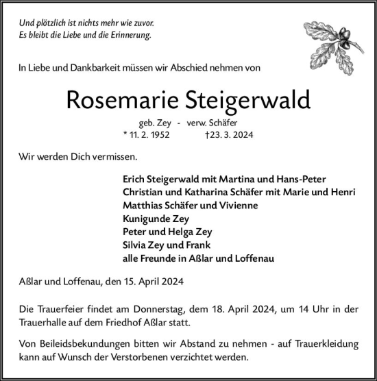 Traueranzeige von Rosemarie Steigerwald von Wetzlarer Neue Zeitung