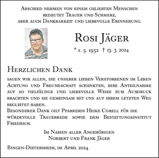 Traueranzeige von Rosenmarie Jäger von Allgemeine Zeitung Bingen/Ingelheim