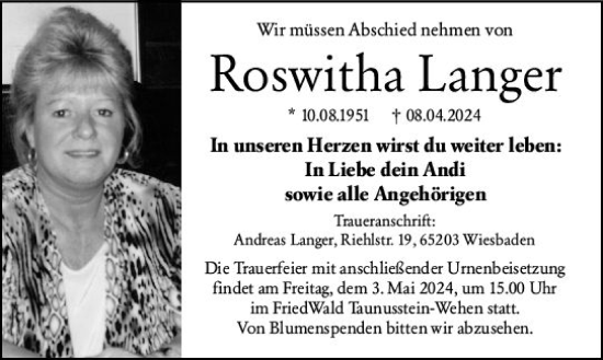 Traueranzeige von Roswitha Langer von Wiesbadener Kurier