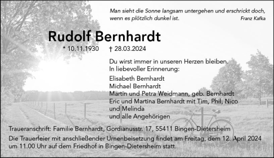 Traueranzeige von Rudolf Bernhardt von Allgemeine Zeitung Bingen/Ingelheim