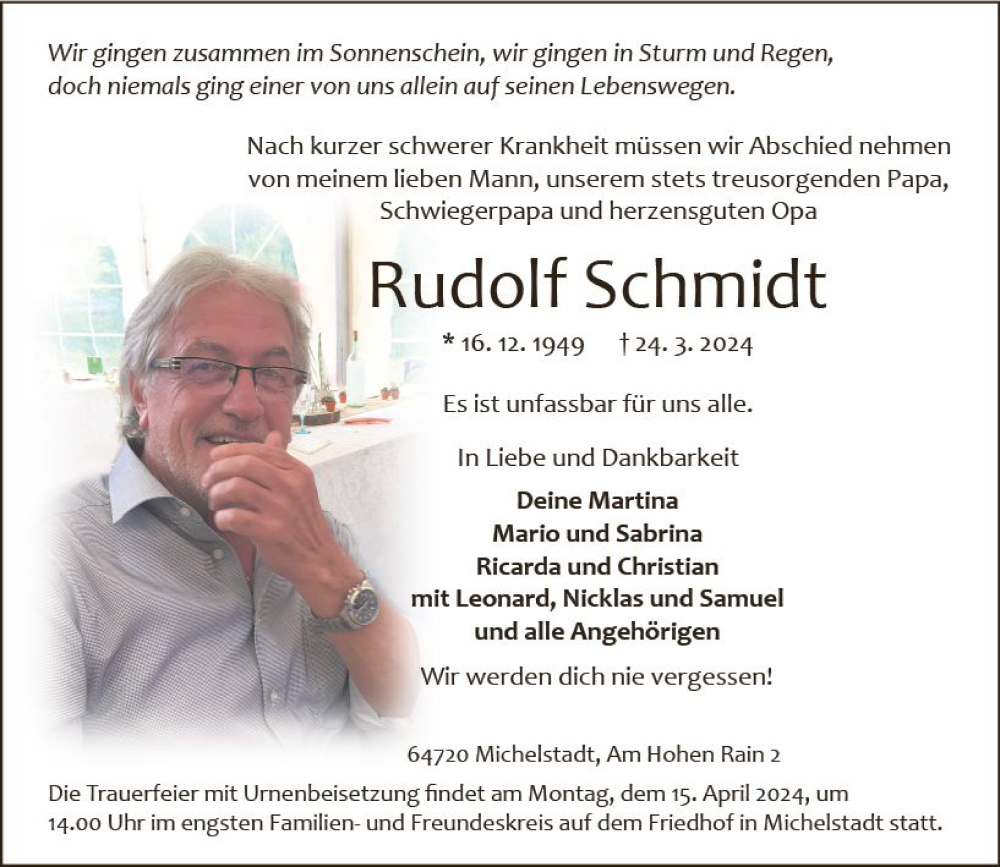  Traueranzeige für Rudolf Schmidt vom 06.04.2024 aus Odenwälder Echo