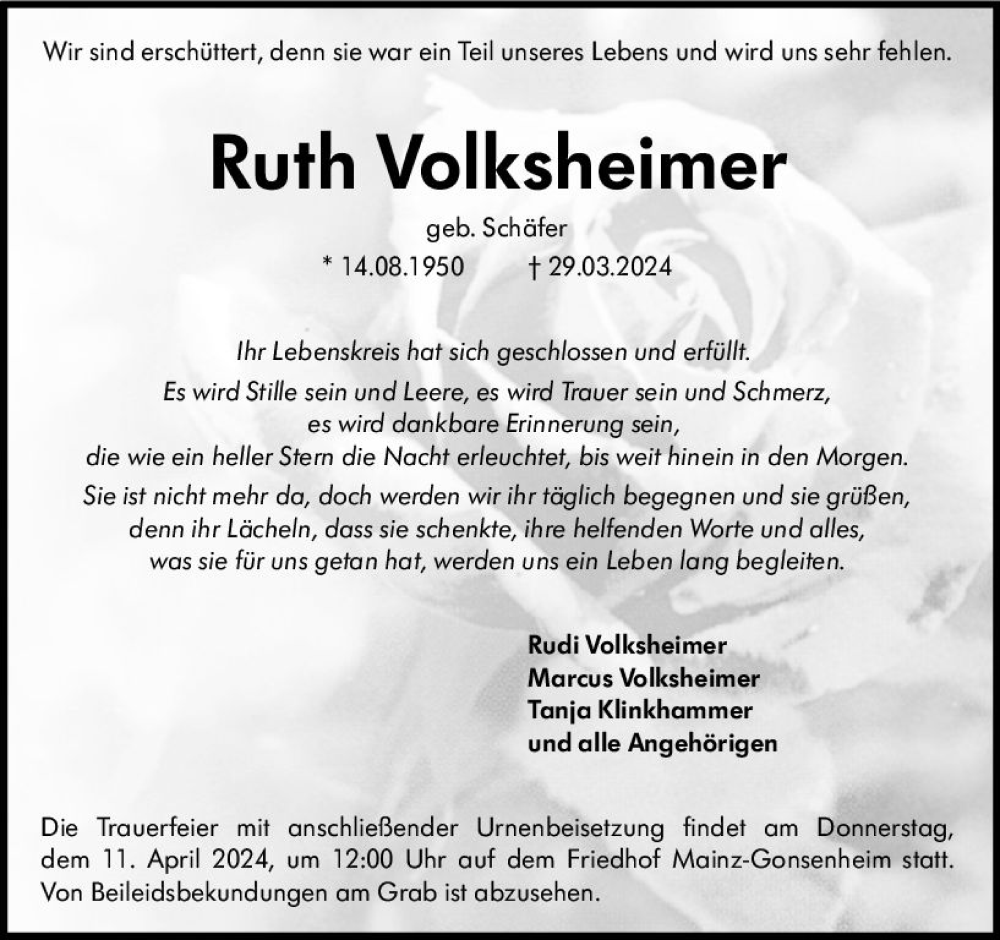  Traueranzeige für Ruth Volksheimer vom 06.04.2024 aus Allgemeine Zeitung Mainz