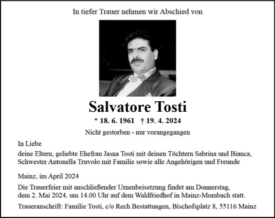 Traueranzeige von Salvatore Tosti von Allgemeine Zeitung Mainz