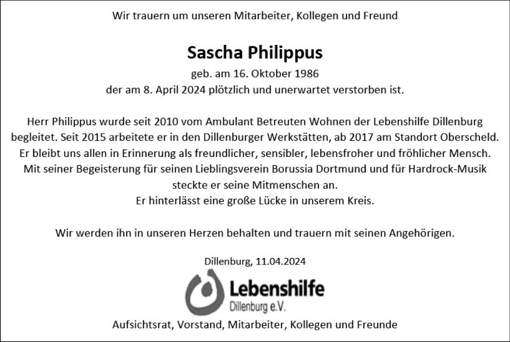  Traueranzeige für Sascha Philippus vom 25.04.2024 aus Dill Block