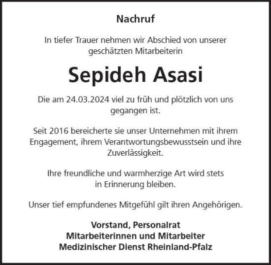 Traueranzeige von Sepideh Asasi von Allgemeine Zeitung Bad Kreuznach
