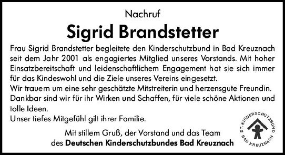  Traueranzeige für Sigrid Brandstetter vom 06.04.2024 aus Allgemeine Zeitung Bad Kreuznach