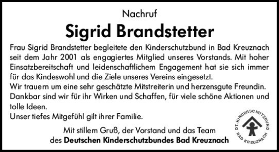 Traueranzeige von Sigrid Brandstetter von Allgemeine Zeitung Bad Kreuznach