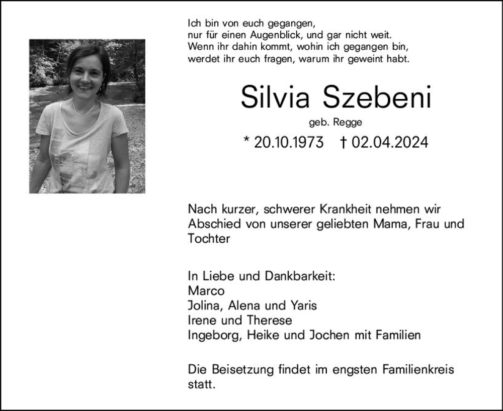  Traueranzeige für Silvia Szebeni vom 04.04.2024 aus Hinterländer Anzeiger