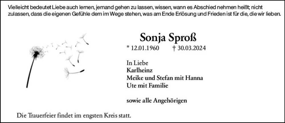  Traueranzeige für Sonja Sproß vom 06.04.2024 aus Darmstädter Echo