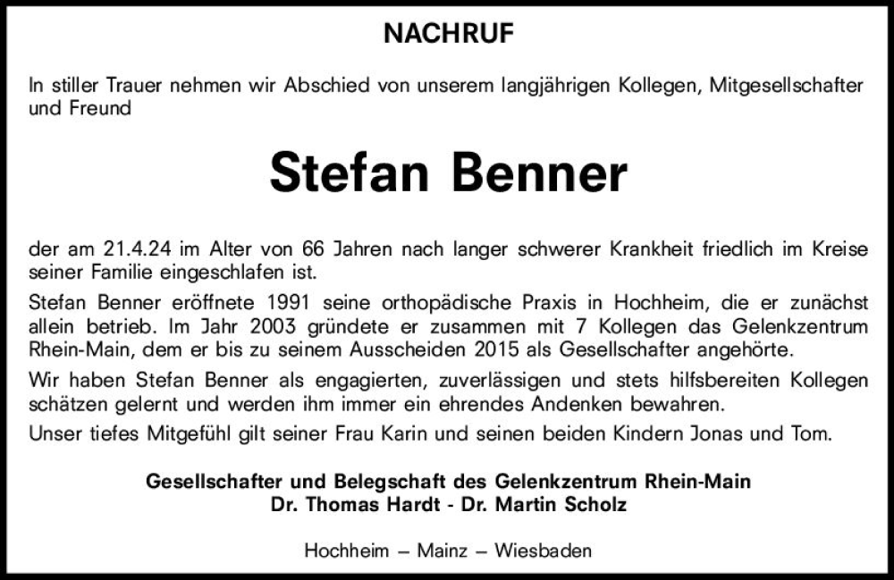  Traueranzeige für Stefan Benner vom 27.04.2024 aus Wiesbadener Kurier