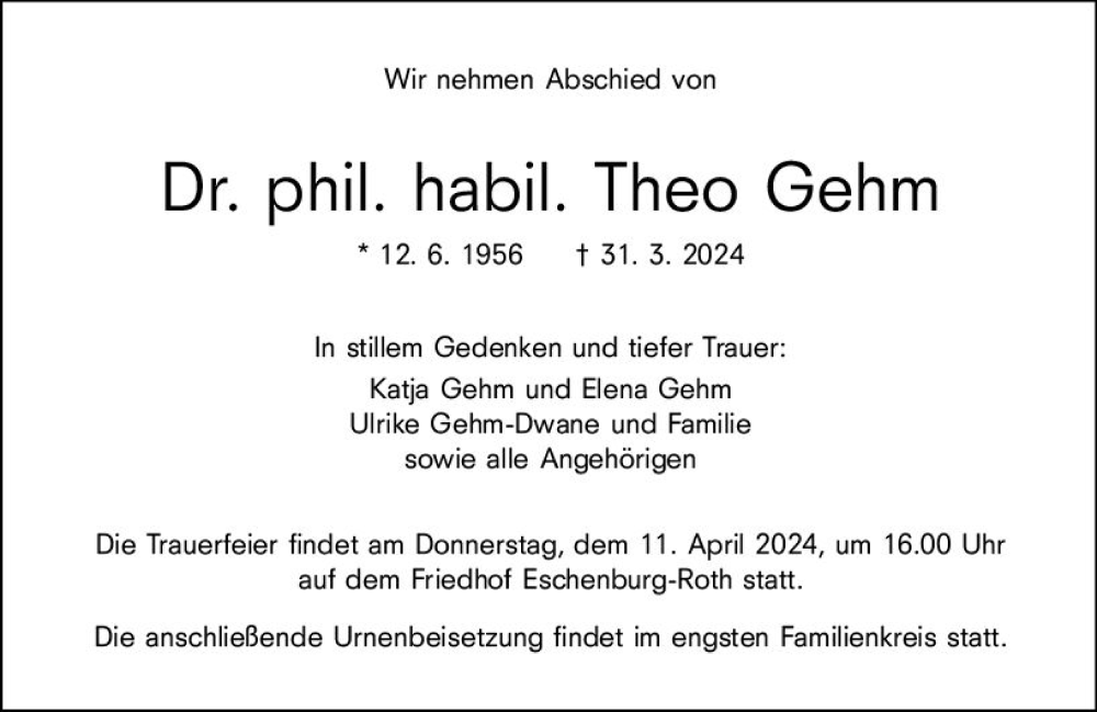  Traueranzeige für Theo Gehm vom 09.04.2024 aus Dill Block