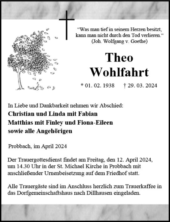 Traueranzeige von Theo Wohlfahrt von Weilburger Tageblatt