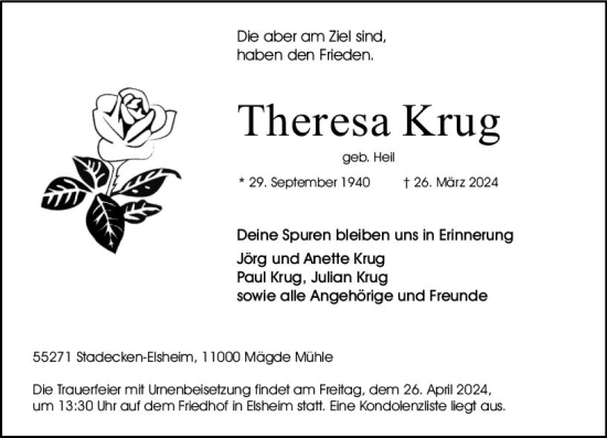 Traueranzeige von Theresa Krug von Allgemeine Zeitung Mainz