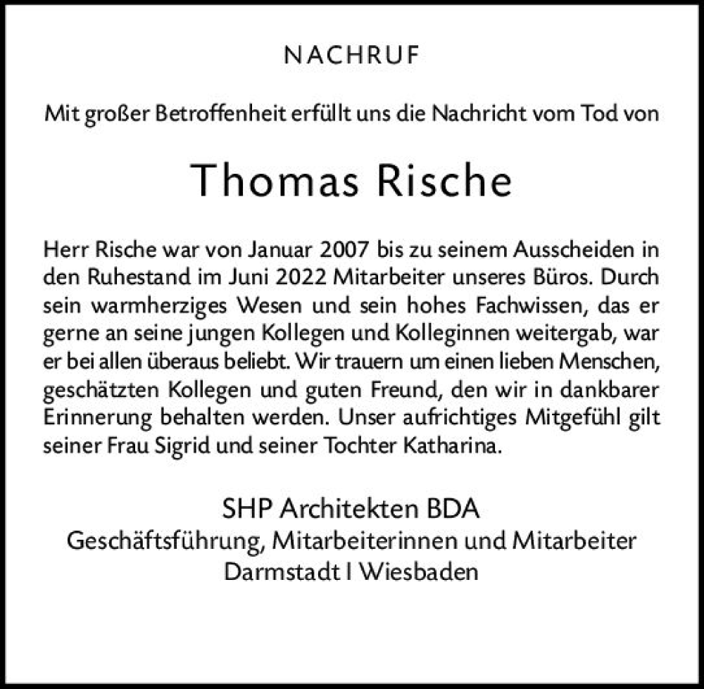  Traueranzeige für Thomas Rische vom 27.04.2024 aus Darmstädter Echo