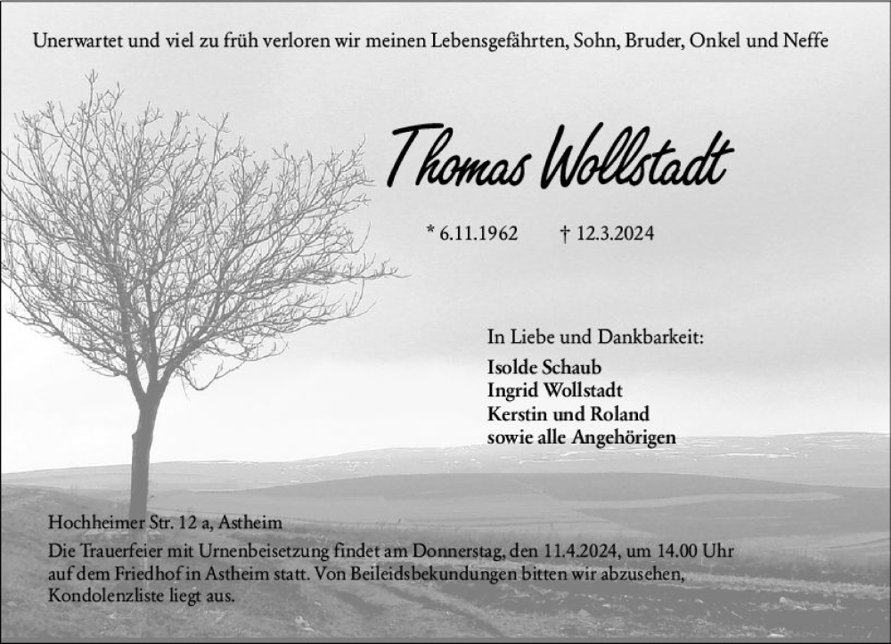  Traueranzeige für Thomas Wollstadt vom 04.04.2024 aus Rüsselsheimer Echo