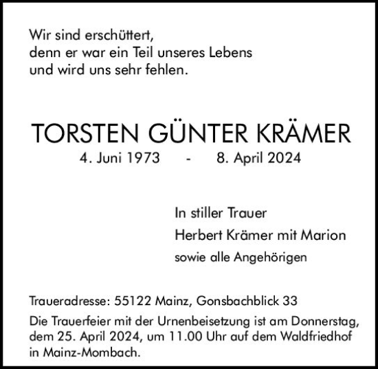 Traueranzeige von Torsten Günter Krämer von Allgemeine Zeitung Mainz