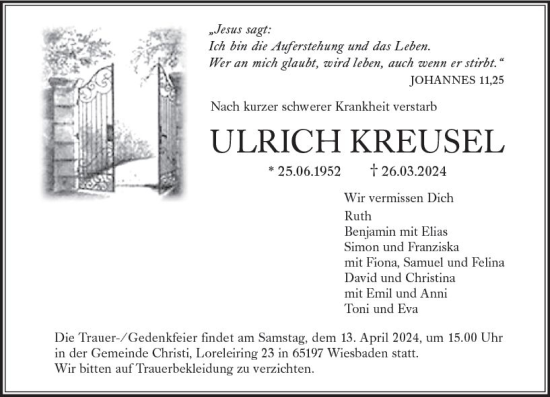 Traueranzeige von Ulrich Kreusel von Wiesbadener Kurier