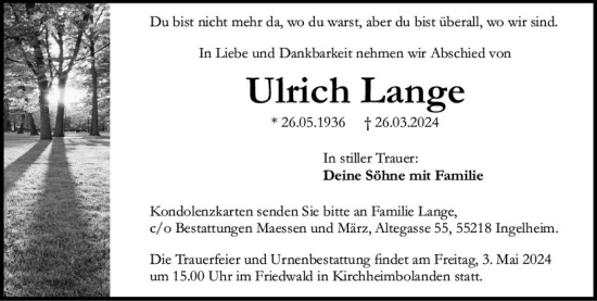 Traueranzeige von Ulrich Lange von Allgemeine Zeitung Bingen/Ingelheim