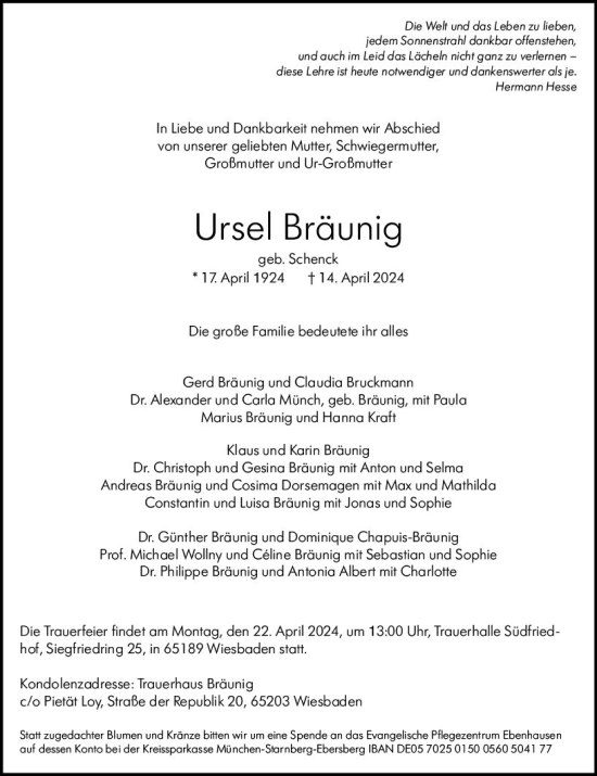 Traueranzeige von Ursel Bräunig von Wiesbadener Kurier