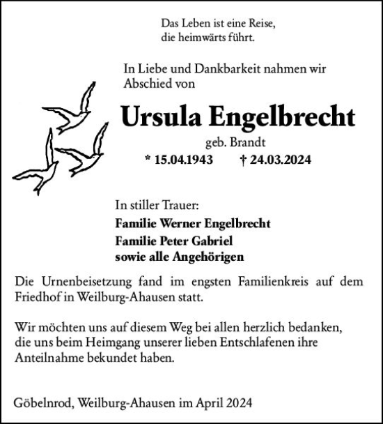 Traueranzeige von Ursula Engelbrecht von Weilburger Tageblatt