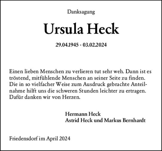 Traueranzeige von Ursula Heck von Hinterländer Anzeiger
