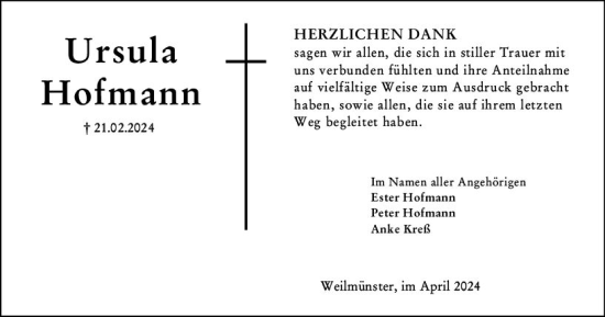 Traueranzeige von Ursula Hofmann von Weilburger Tageblatt