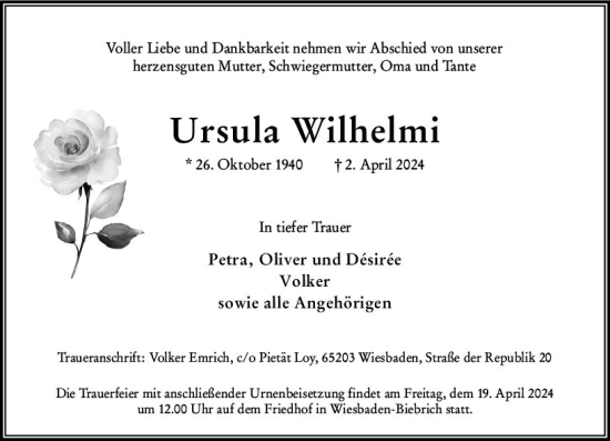 Traueranzeige von Ursula Wilhelmi von Wiesbadener Kurier