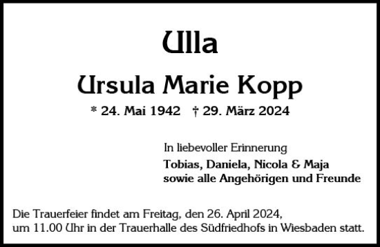 Traueranzeige von Ursula Marie Kopp von Wiesbadener Kurier
