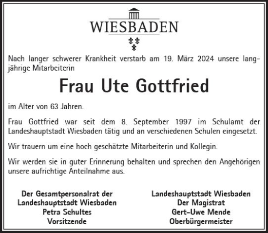 Traueranzeige von Ute Gottfried von Wiesbadener Kurier