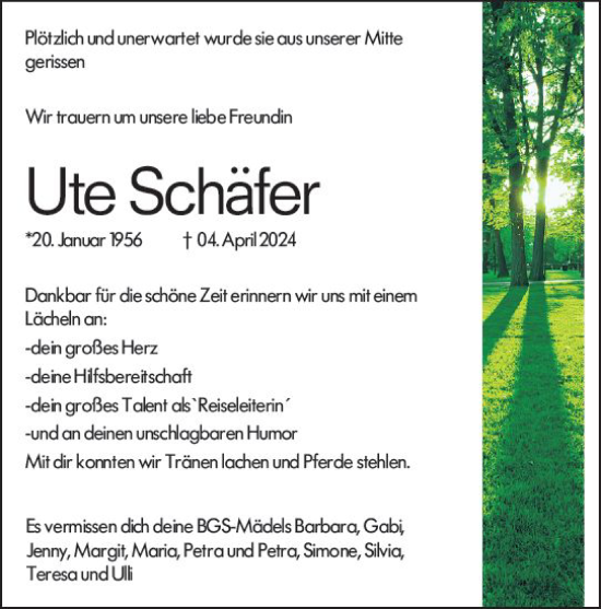 Traueranzeige von Ute Schäfer von Allgemeine Zeitung Mainz