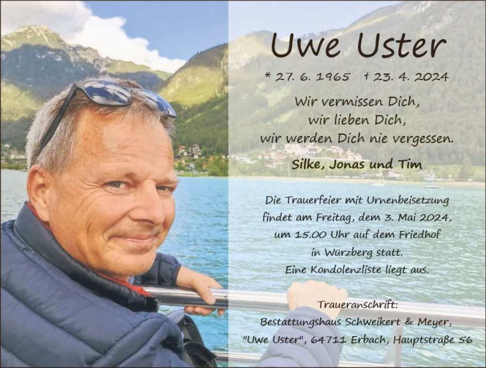  Traueranzeige für Uwe Uster vom 27.04.2024 aus Odenwälder Echo