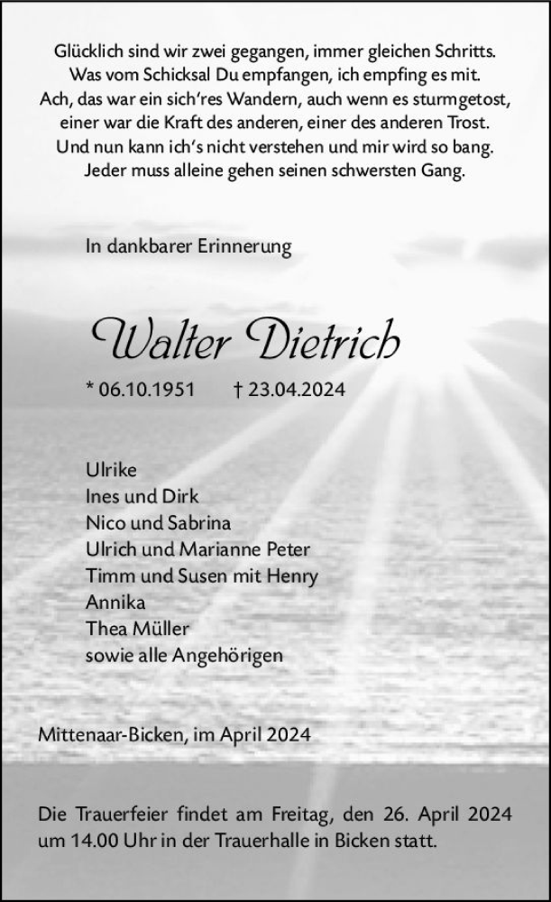  Traueranzeige für Walter Dietrich vom 25.04.2024 aus Dill Block
