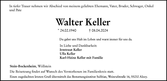 Traueranzeige von Walter Keller von Allgemeine Zeitung Alzey