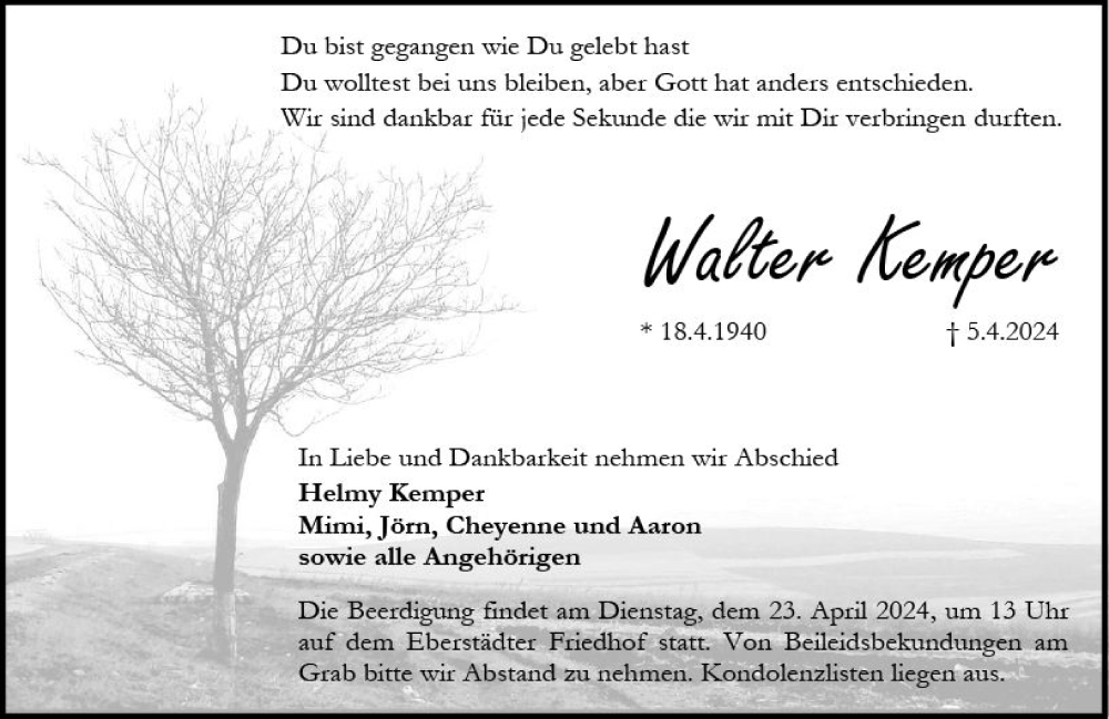  Traueranzeige für Walter Kemper vom 13.04.2024 aus Darmstädter Echo