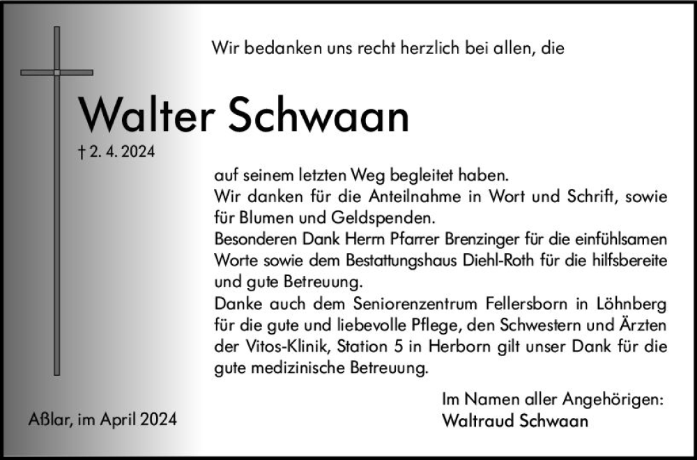  Traueranzeige für Walter Schwaan vom 23.04.2024 aus Wetzlarer Neue Zeitung